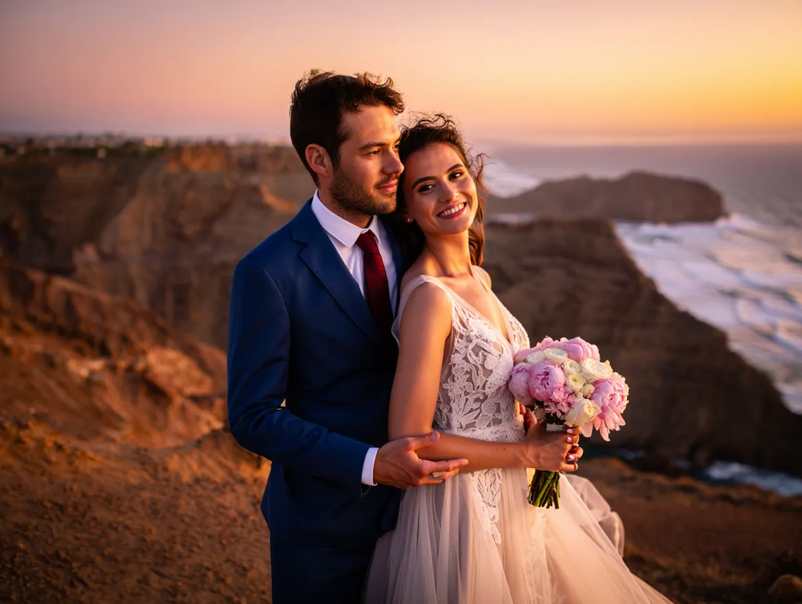 Bride and groom during sunset photoshoot